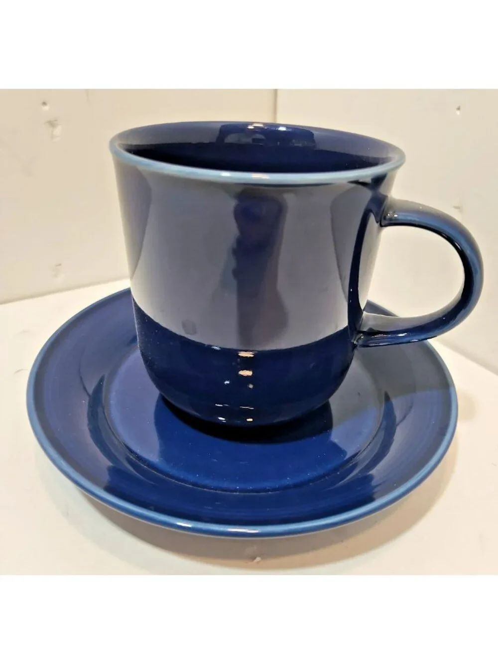 Vtg Set 3 Nancy Calhoun Stoneware Sapphire Blue Cups & Saucers